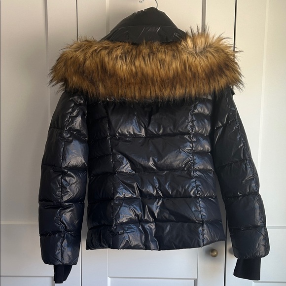 S13 Down/Feather Gloss Faux Fur Trimmed Puffer Coat Jacket Black | M - Picture 4 of 7